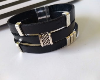 Man Leather Bracelet Cuff Bracelet Wrap Bracelet Flat Black Leather Bracelet for Man