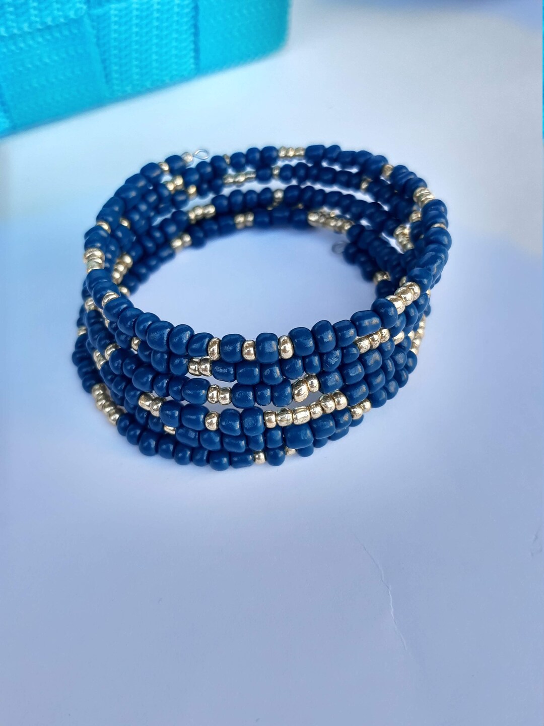 Seed Beads Memory Wire Bracelet Navy Blue and Gold Seed Beads Beaded