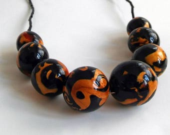 Beaded Statement Necklace Gold and Black Polymer clay Gift for Her Christmas Gift for Mom Gift for wife