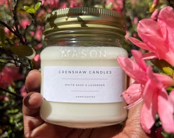White Sage + Lavender Soy Candle, 8 oz. Mason Jar, Aromatherapy Candle, Earthy Herbal Candle, Stress Relief Candle.