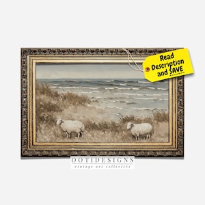 Vintage Coastal Beach Painting Seaside Sheep on Beach PRINTABLE 183 image 1