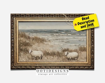 Vintage Coastal Beach Painting | Seaside Sheep on Beach | PRINTABLE | 183