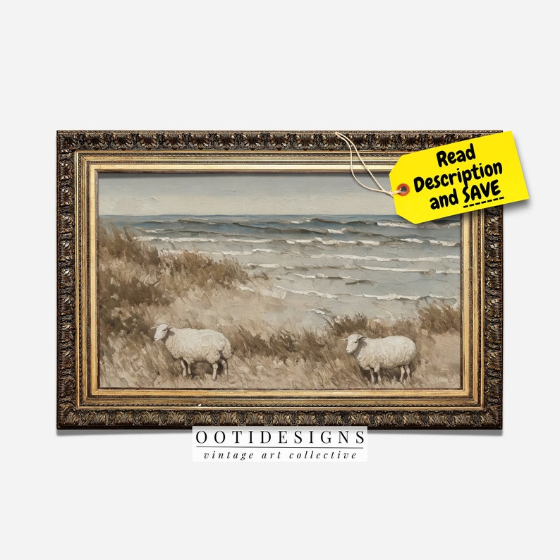 Vintage Coastal Beach Painting Seaside Sheep on Beach PRINTABLE 183 image 1