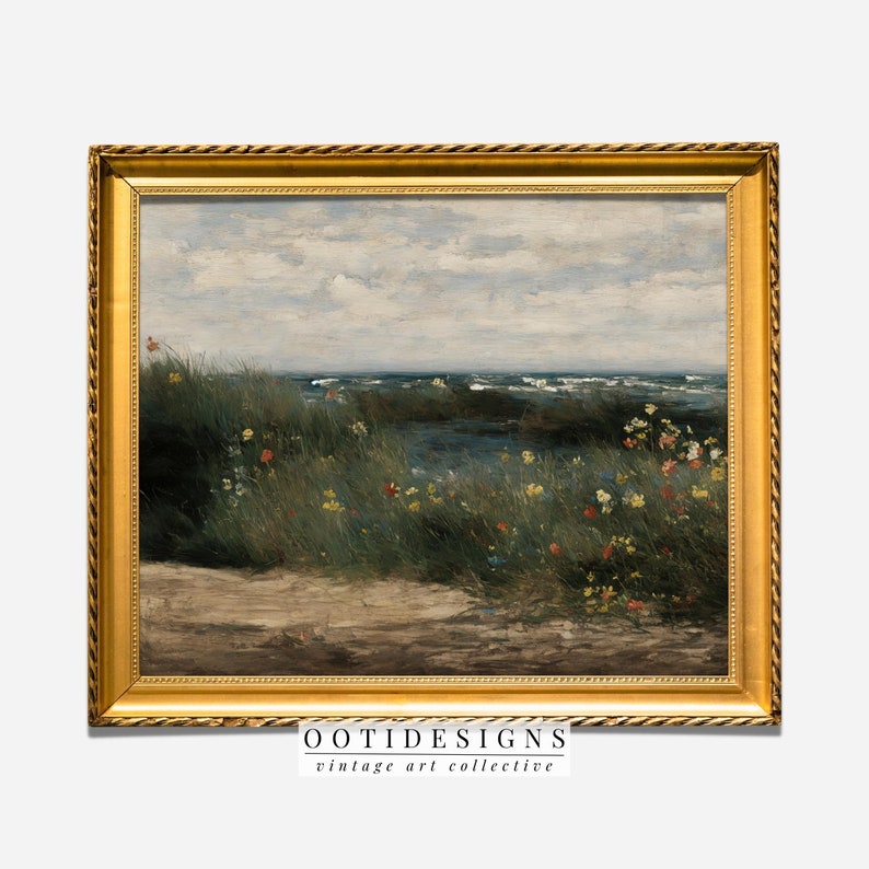 Vintage Seaside Landscape Painting Vintage Coastal Flowers at Beach Wall Art Digital PRINTABLE 243 image 8