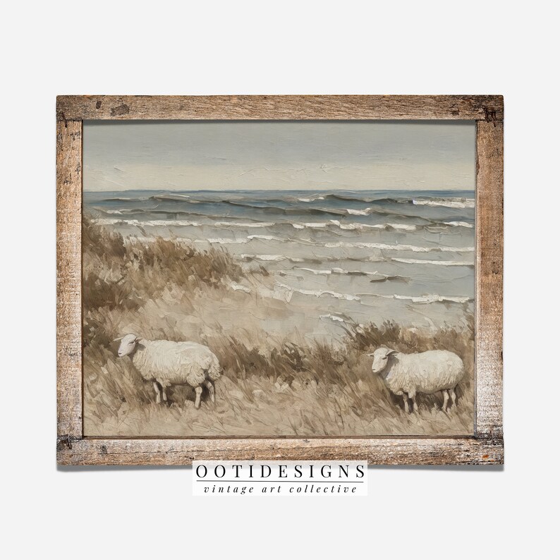 Vintage Coastal Beach Painting Seaside Sheep on Beach PRINTABLE 183 image 5