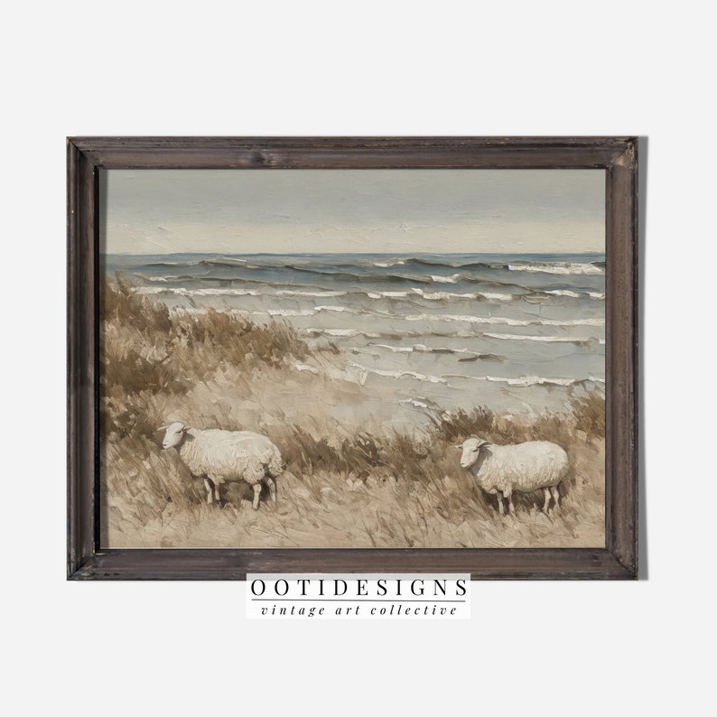 Vintage Coastal Beach Painting Seaside Sheep on Beach PRINTABLE 183 image 9