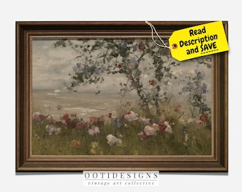 Vintage Seaside Landscape Painting | Vintage Coastal Flowers at Beach Wall Art | Digital PRINTABLE | 241