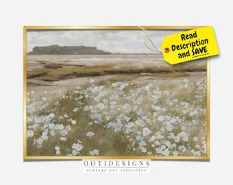 Vintage Seaside Landscape Painting | Vintage Coastal Flowers at Beach Wall Art | Digital PRINTABLE | 244