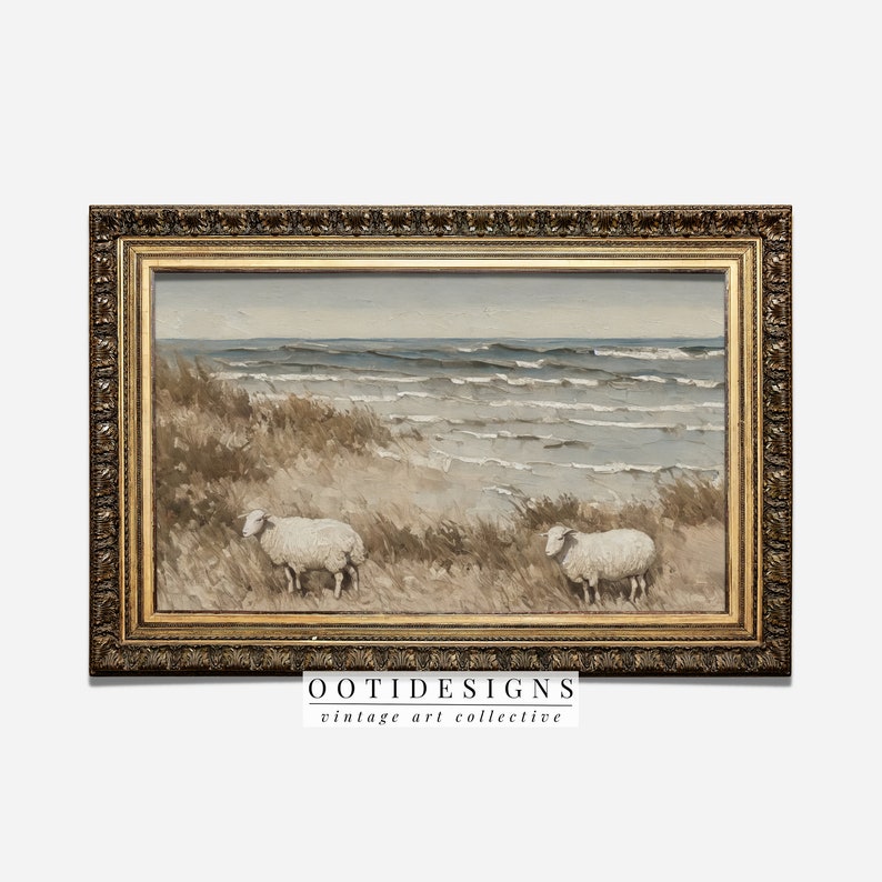 Vintage Coastal Beach Painting Seaside Sheep on Beach PRINTABLE 183 image 2