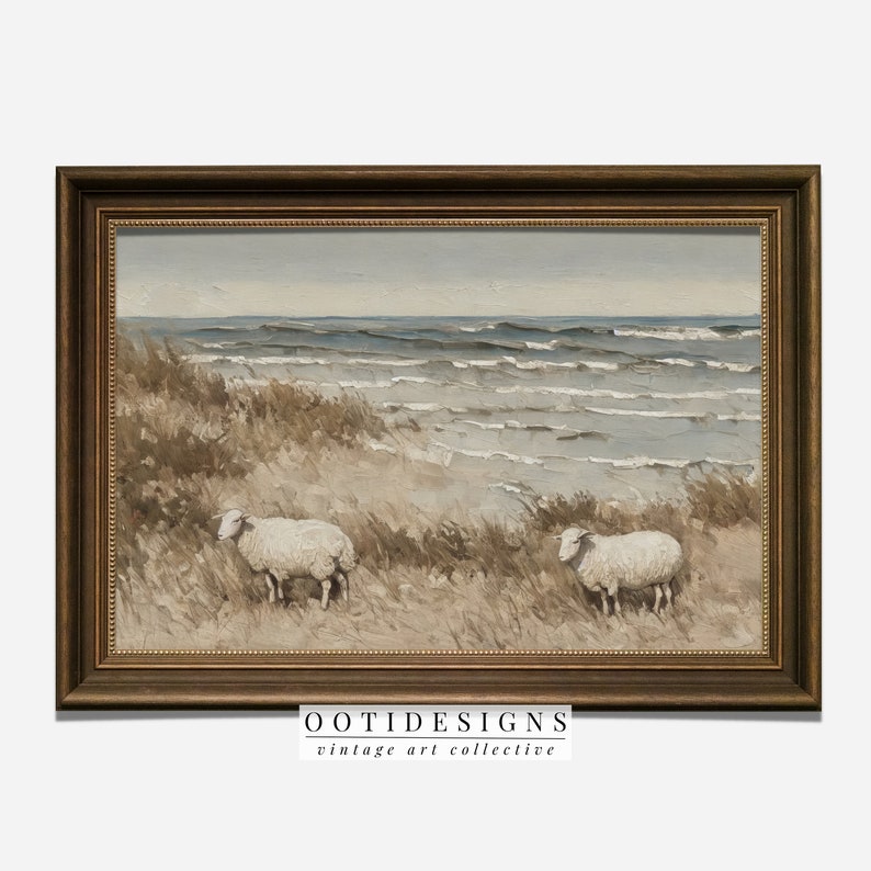 Vintage Coastal Beach Painting Seaside Sheep on Beach PRINTABLE 183 image 6