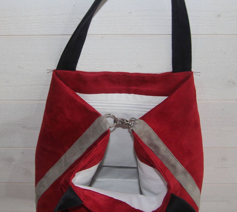 Large women/'s tote bag in red suedette with 2 black handles and a grey edging