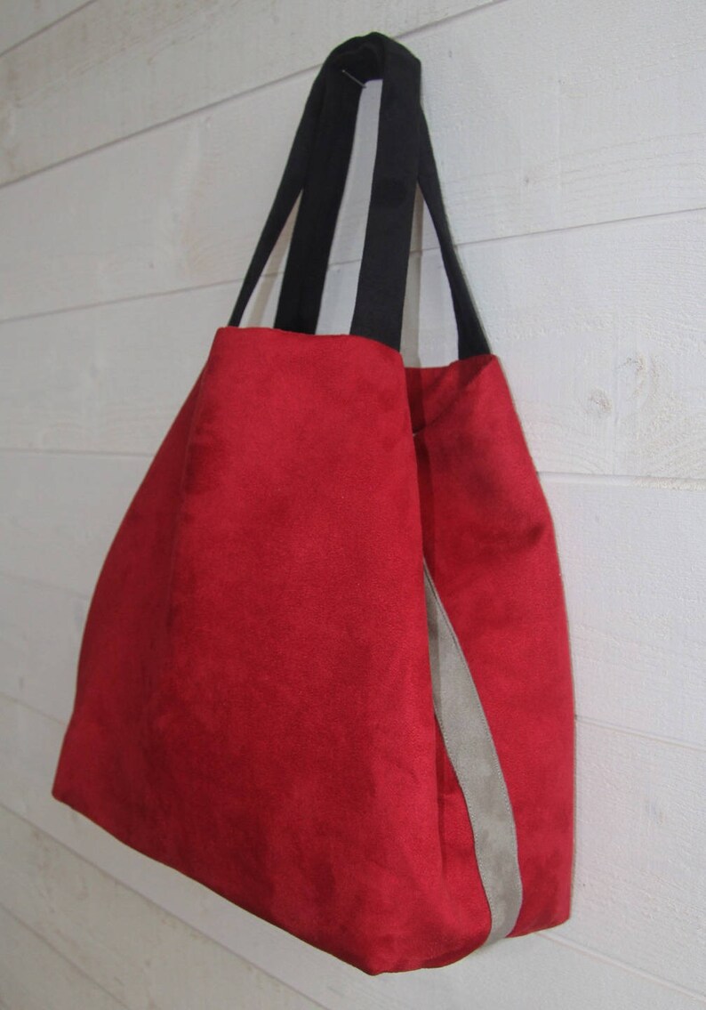 Large women/'s tote bag in red suedette with 2 black handles and a grey edging