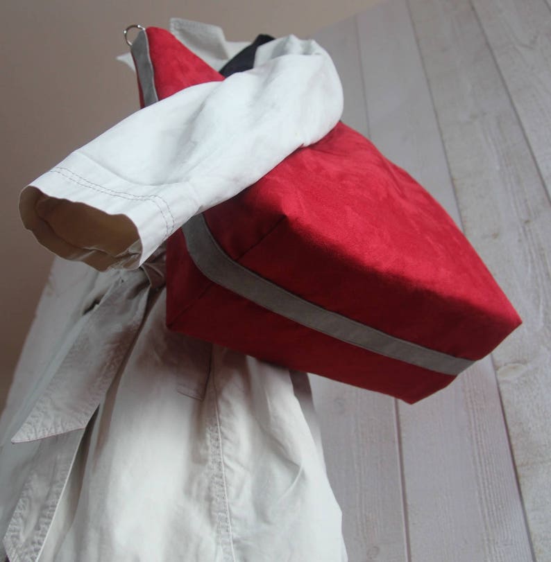 Large women/'s tote bag in red suedette with 2 black handles and a grey edging