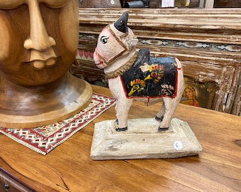 Fabuleuse figurine vintage de taureau Nandi en bois sculpté/peint à la main