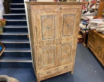 Breathtaking Vintage Hand Carved 'Sunburst' Old Teak 1-Cupboard 2-Drawer Cabinet