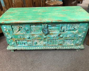 Striking Hand Carved Reclaimed 'Sea-Green' Trunk