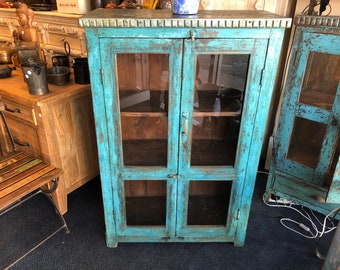 Magnifique armoire vintage de caractère en vieux teck en verre « Turquoise »