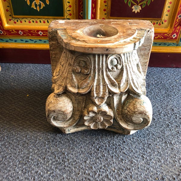 Hand Carved Re-Purposed Vintage Old Teak Pillar Base Candle Holder