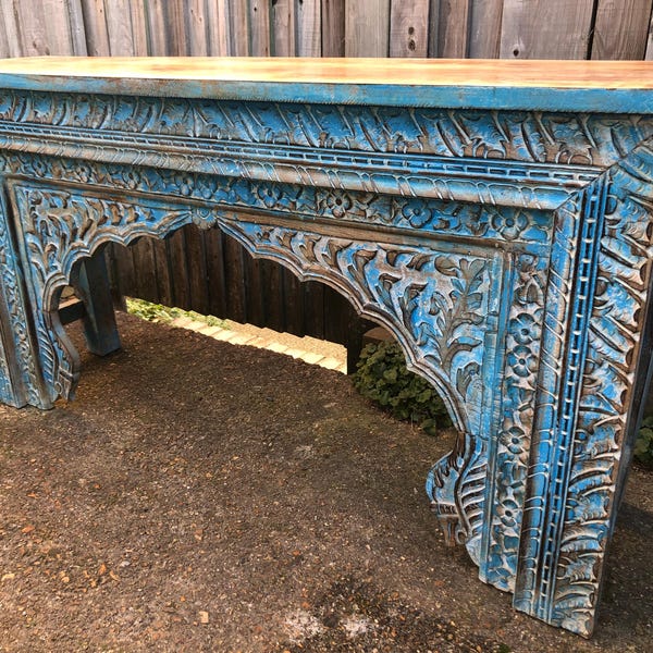 Wonderful Hand Carved Mihrab Arch Blue Console Natural Top (w150 x d38 x h78cm)