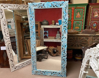 Exceptional Hand Carved Mango Wood 'blue-wash' Mirror