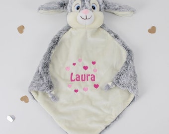 Schmusetuch Hase grau individuell bestickt Baby Geschenk zur Taufe / zur Geburt