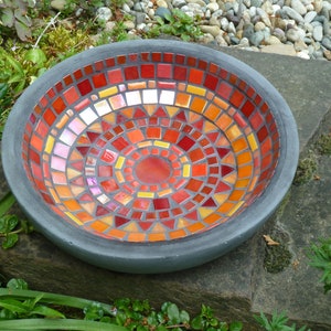 Mosaic concrete bowl birdbath red orange