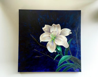 Lily Flower - White Lily - Still Life-  Original Painting.
