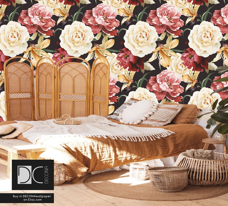 self-adhesive removable wallpaper#141 Peel and stick wallpaper floral pattern with roses decoration boho
