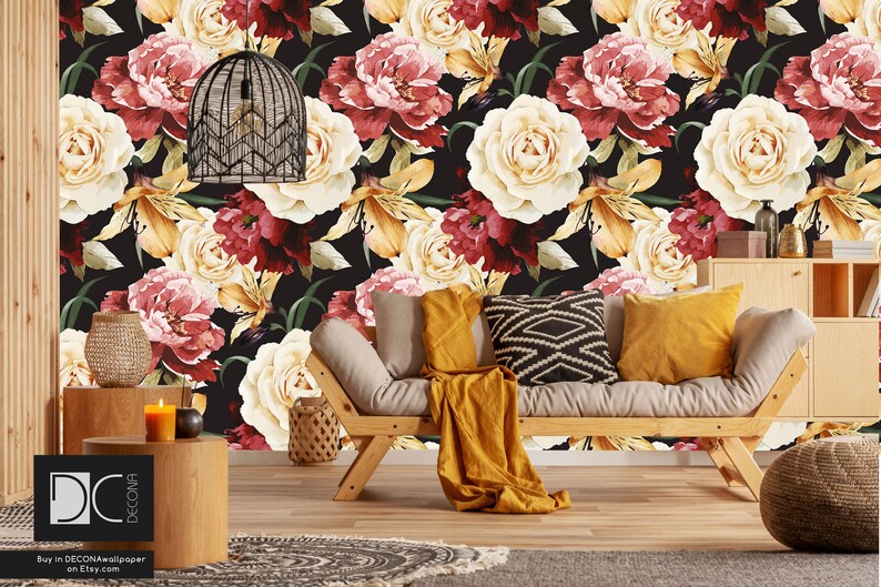self-adhesive removable wallpaper#141 Peel and stick wallpaper floral pattern with roses decoration boho