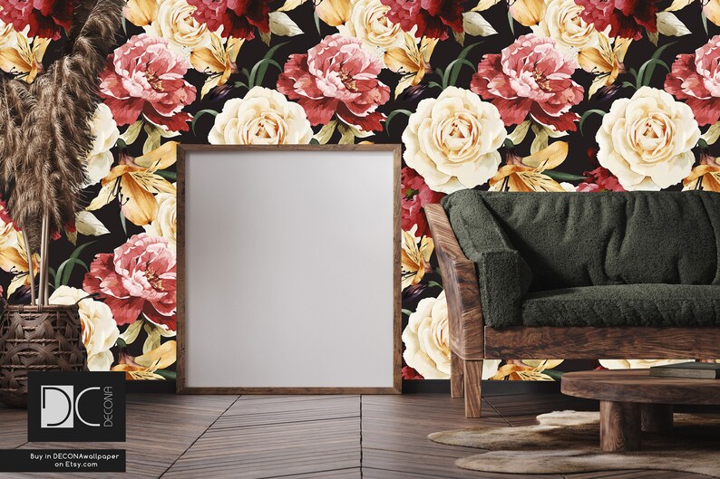 self-adhesive removable wallpaper#141 Peel and stick wallpaper floral pattern with roses decoration boho