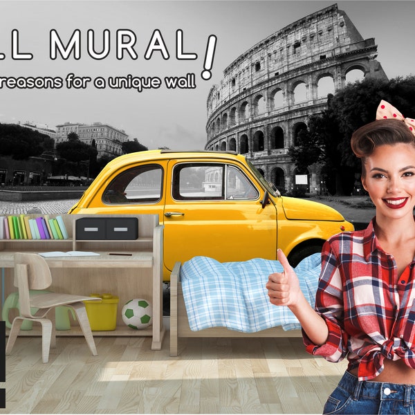 Retro car on background of Colosseum foto|| self-adhesive and removable wall murals #126