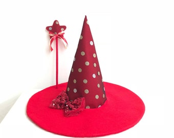 Little witch hat. Girl witch hat. Adult witch hat. Red witch hat. Mickey Mouse hat. Red dots hat. Red and gold dots hat. Halloween red hat.