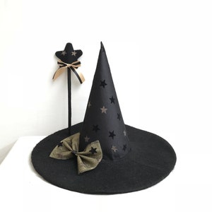 Little witch hat. Witch hat. Girl witch hat. Adult witch hat. Black witch hat. Star witch hat. Black and gold star hat. Halloween black hat.