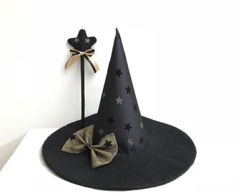 Little witch hat. Witch hat. Girl witch hat. Adult witch hat. Black witch hat. Star witch hat. Black and gold star hat. Halloween black hat.