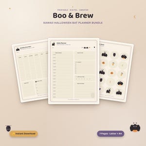 Puede incluir: Un paquete de planificadores digitales imprimibles titulado Boo & Brew Kawaii Halloween Bat Planner Bundle. El conjunto incluye tres páginas: una vista semanal, un planificador diario y una hoja de pegatinas con ilustraciones de murciélagos.