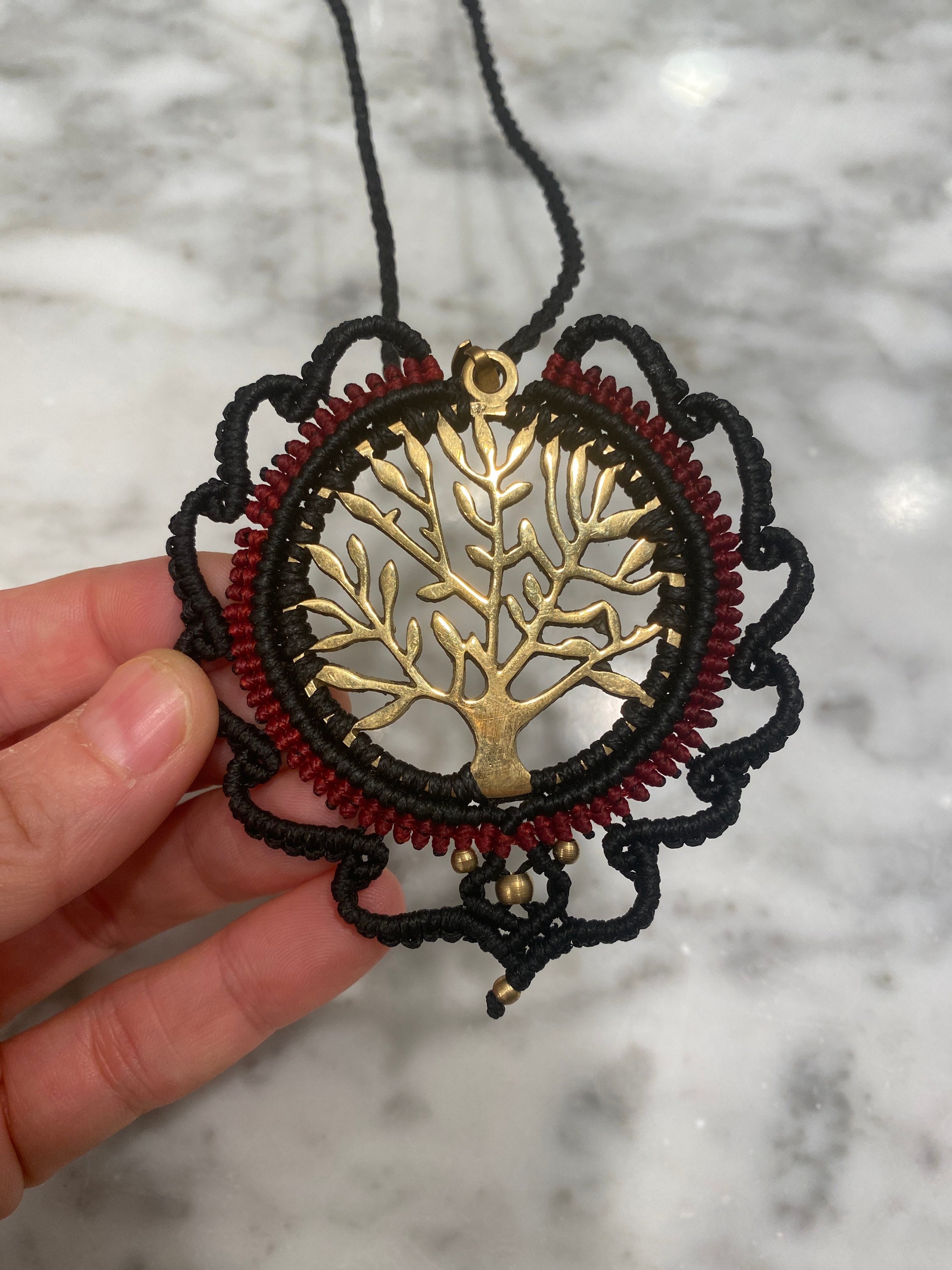 Mandala Car Charm Handmade Tree of Life Rear View Mirror Brass Pendant Necklace Black and Red