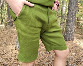 Green hemp shorts with pockets, Handmade travel shorts for men, Made of natural cloth