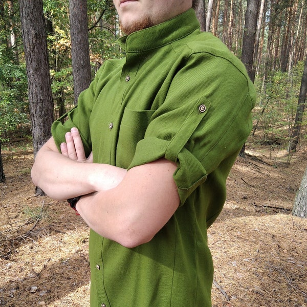 Green mens hemp shirt, Organic hemp cloth pleasant to touch, Button up and short sleeve shirt