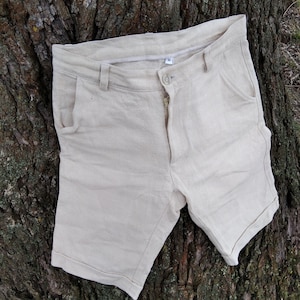 Shorts de cânhamo, roupas de cânhamo feitas à mão para homens com zíper e botão, cor natural
