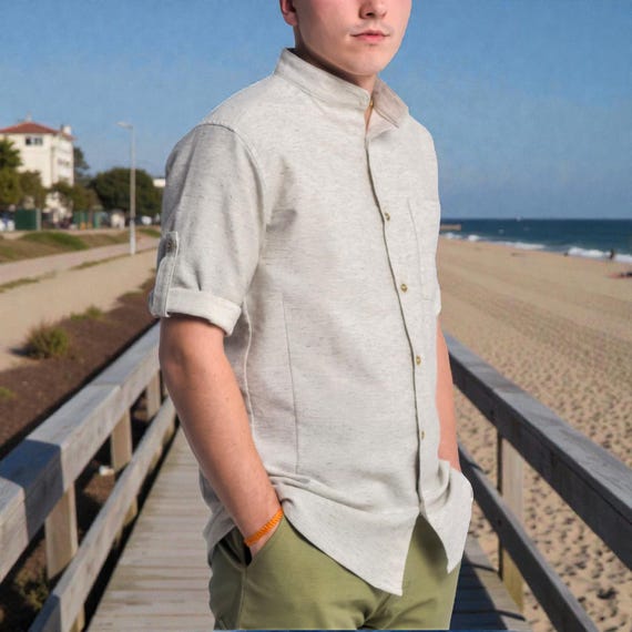 Hemp Shirt with 3/4 Sleeves – Stand Collar Linen Style Top, 180gsm Natural Fabric, Breathable Summer Button Up Shirt