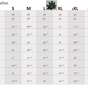 May include: A size chart for men's clothing with measurements in inches. The chart includes sizes XS through 5XL and lists measurements for height, chest, waist, seat, back length, sleeve length, neck width, and side leg length.