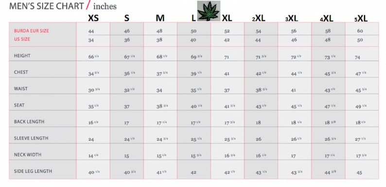 May include: A size chart for men's clothing with measurements in inches. The chart includes sizes XS through 5XL and lists measurements for height, chest, waist, seat, back length, sleeve length, neck width, and side leg length.