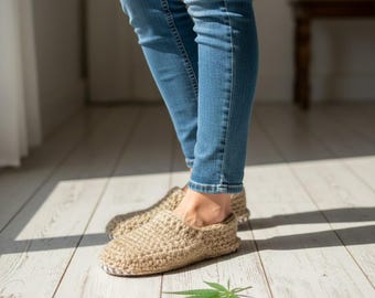 Hemp Slippers, Unisex Crochet House Shoes, Natural Indoor Slippers, Breathable Home Footwear, Felt Sole Slippers