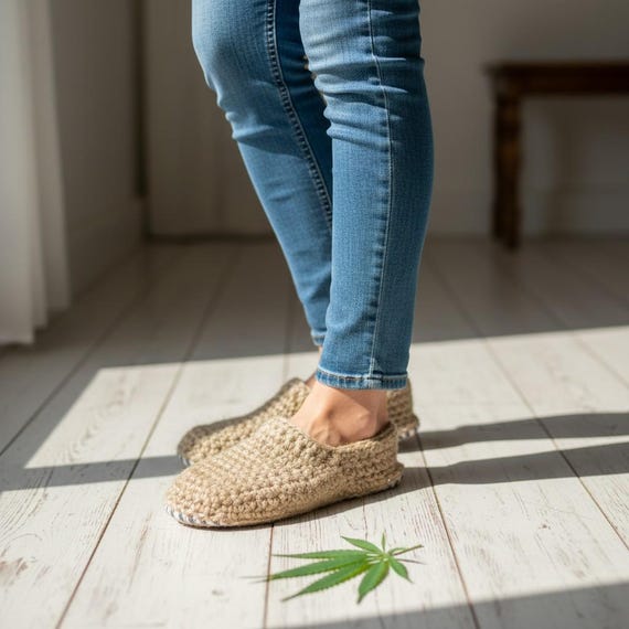Hemp Slippers, Unisex Crochet House Shoes, Natural Indoor Slippers, Breathable Home Footwear, Felt Sole Slippers
