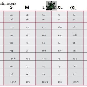 May include: A size chart for men's clothing in centimetres. The chart shows the measurements for different sizes, including XS, S, M, L, XL, 2XL, 3XL, 4XL, and 5XL. The measurements include height, chest, waist, seat, back length, sleeve length, neck width, and side leg length.