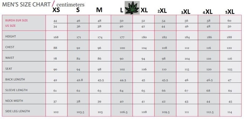 May include: A size chart for men's clothing in centimetres. The chart shows the measurements for different sizes, including XS, S, M, L, XL, 2XL, 3XL, 4XL, and 5XL. The measurements include height, chest, waist, seat, back length, sleeve length, neck width, and side leg length.