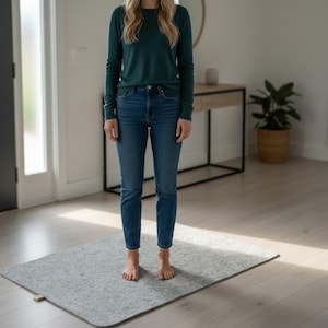 May include: A rectangular, light grey felt rug with a dark grey border. The rug is placed on a light wood floor. A person is standing on the rug. The rug has a small, light brown tag on one corner.