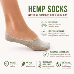 Może przedstawiać: Beżowa skarpetka o niskim kroju z teksturowanym wzorem dzianiny. Obraz zawiera tekst: HEMP SOCKS, NATURAL COMFORT FOR EVERY DAY, BREATHABLE, MOISTURE-WICKING, NATURAL & ECO-FRIENDLY, DURABLE, NATURAL, TEMPERATURE REGULATING, SUSTAINABLE.