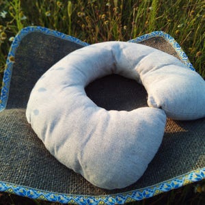 Organic hemp neck pillow filled with buckwheat hulls, Hemp fabric outside hulls inside
