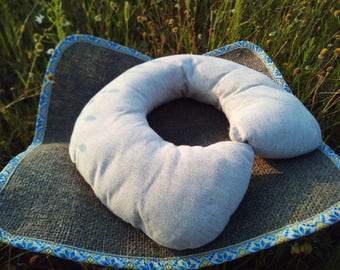 Organic hemp neck pillow filled with buckwheat hulls, Hemp fabric outside hulls inside